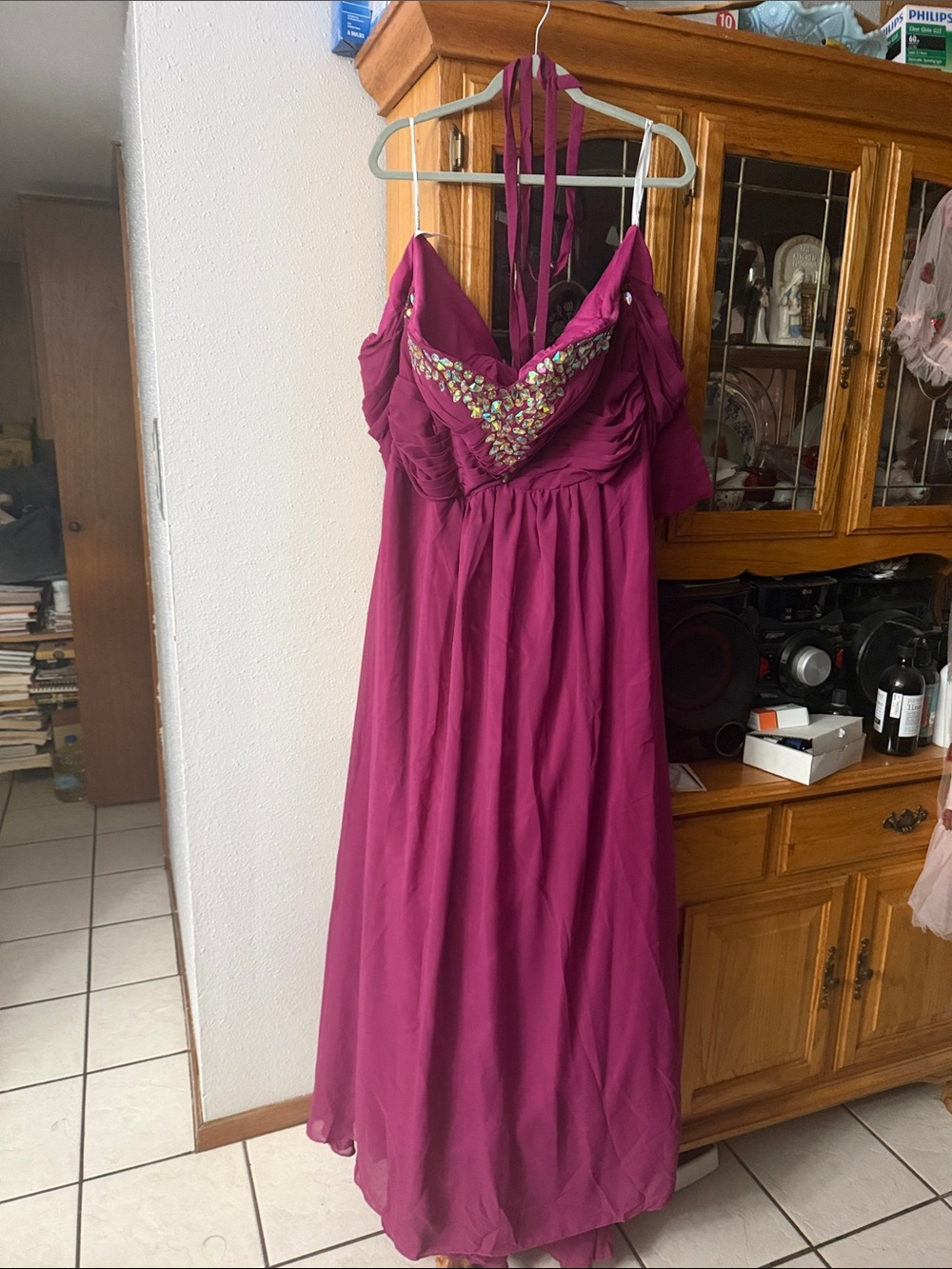 Beaded Halter Fuchsia Prom Gown